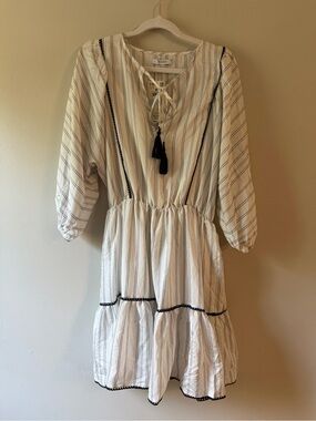 By Reserved-  White Striped Tassel Mini Dress with Black Trim